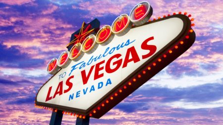 Las Vegas Welcome Sign against purple night sky