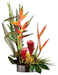 You can feel the warm tropical breezes the moment your look at this sunlit flower arrangement! Embracing the textures and shapes that can only be found when island bound, this stunning bouquet brings together red ginger, yellow protea, Birds of Paradise varieties, peach hypericum berries, yellow solidago, and an assortment of tropical leaves to create a truly stunning display. Presented in a sleek graphite oval container to give it a sophisticated and modern look, this arrangement is an unforgettable congratulations, happy birthday, or thinking of you gift. Approx. 28"H x 18"W.